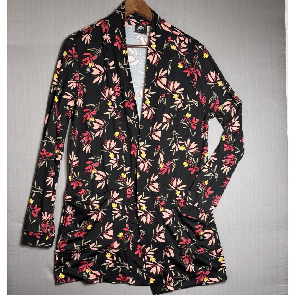 Bobeau Cardigan Womens L Black Floral Open Front Soft Lightweight Boho Casual